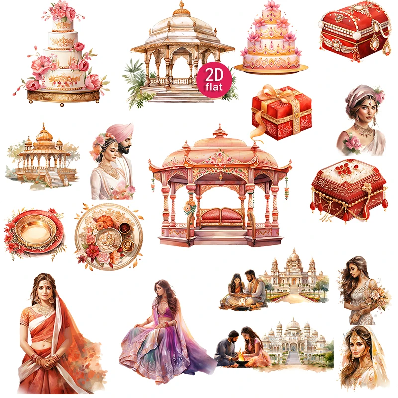 20pcs 2D  Indian Wedding, Hand-painted Decorative Stickers, Suitable for diaries and DIY scrapbook stickers