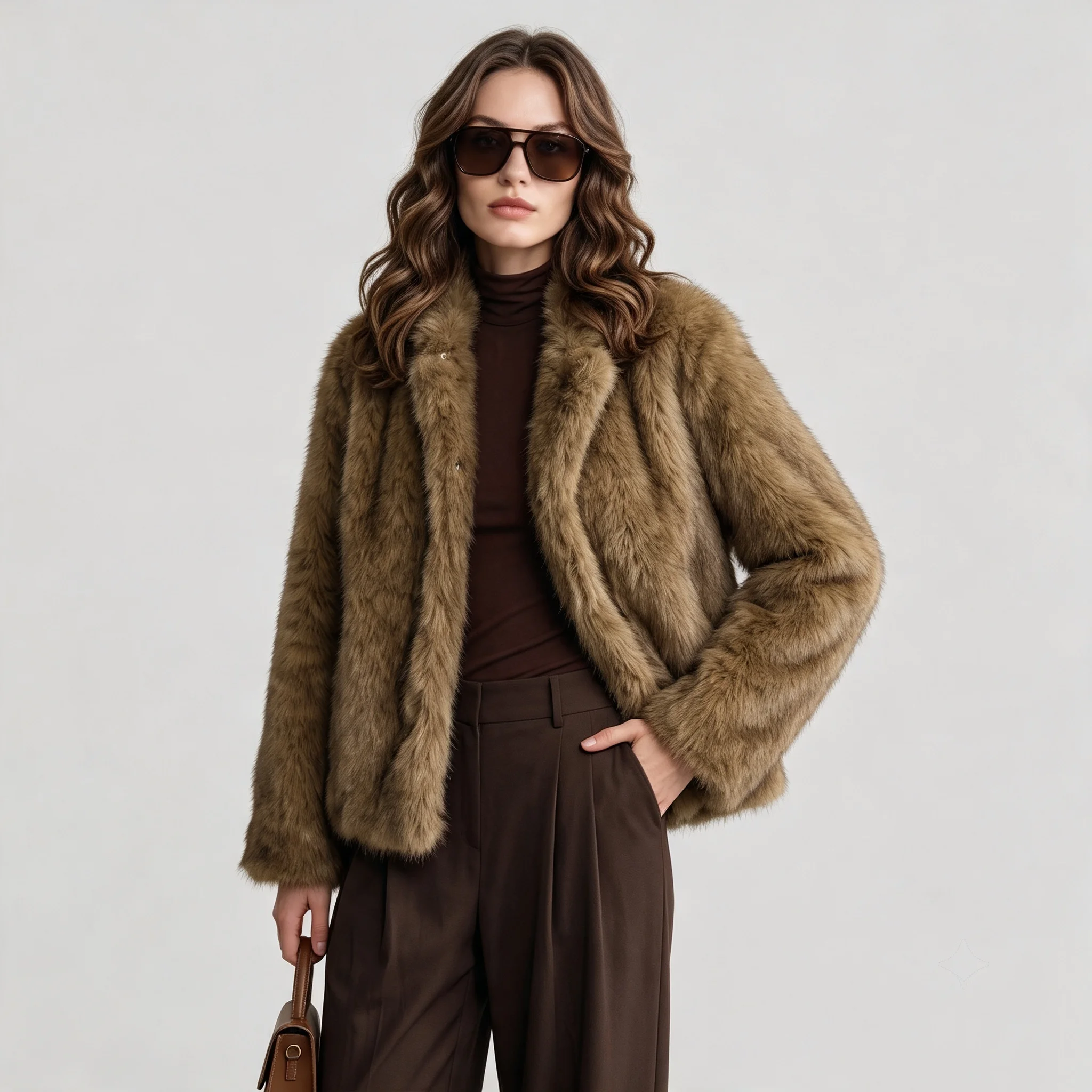 PUAL Women Camel Brown Faux Fur Cropped Coat, Notched Lapel Open‑Front Fluffy Warm Winter Short Outerwear.
