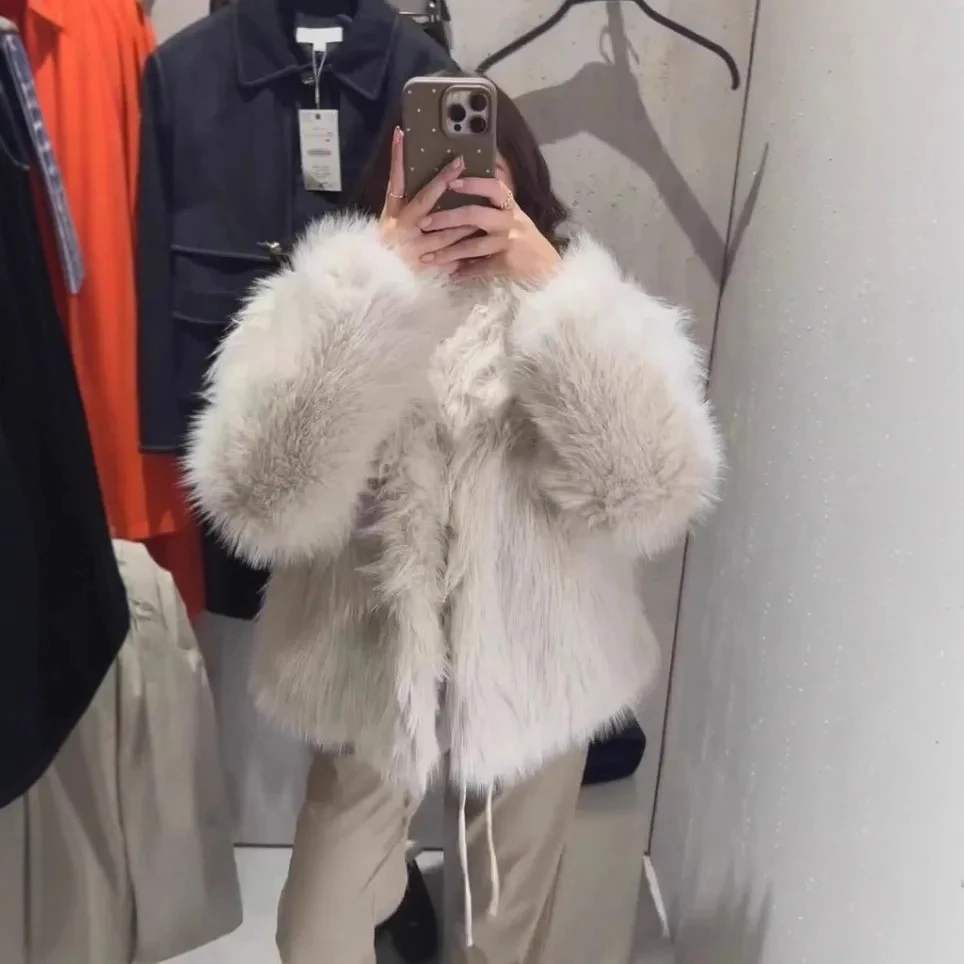 

Fashion Street Style Trendy Internet Celebrity Same Style New Beige Imitation Fur Short Jacket Women Eco Friendly Plush Warm