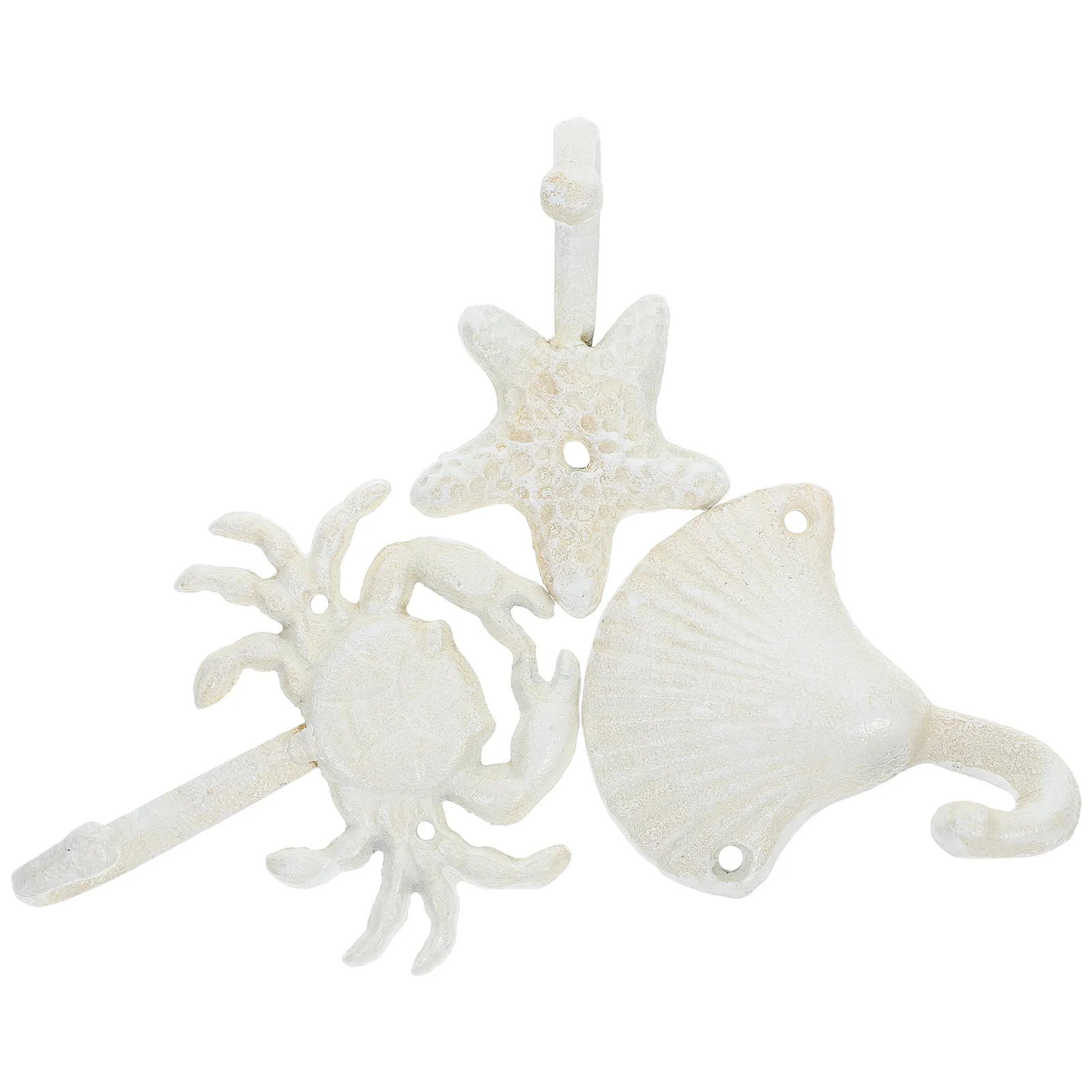 Ocean Theme Wall Hooks for Families to Organize and Decorate, 3-Piece White Vintage Cast Iron Set for Towels, Robes and Keys