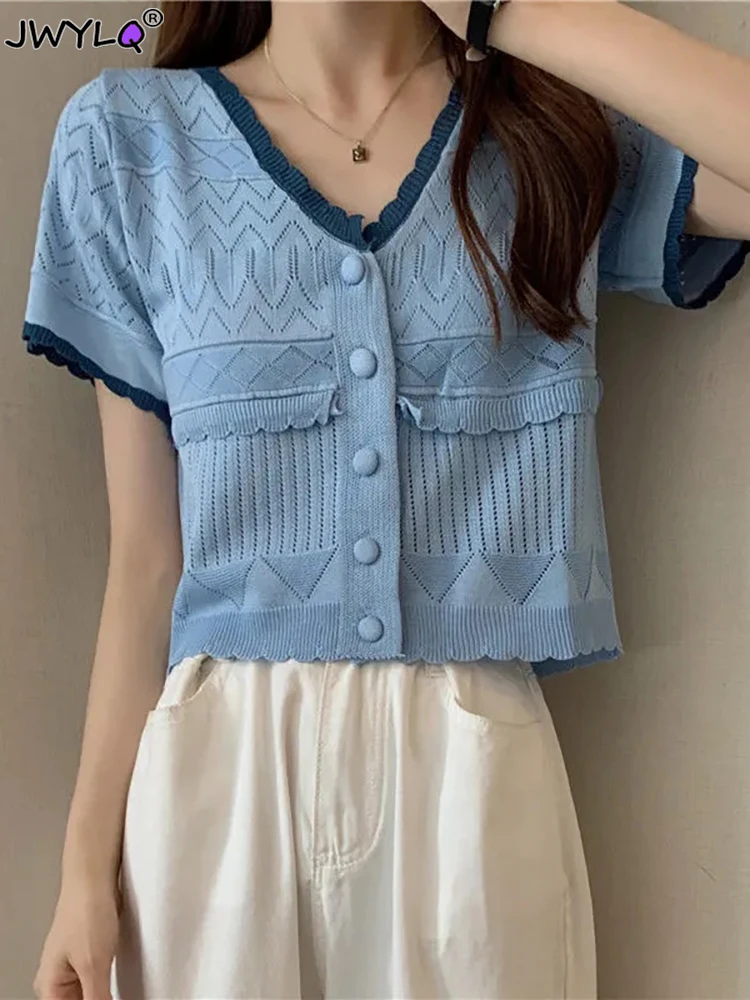 

Korean Sweet V-neck Single-breasted Cardigan Sweater Summer Thin Short Sleeve Hollow Out Cropped Sweater Casual Hit Color Tops