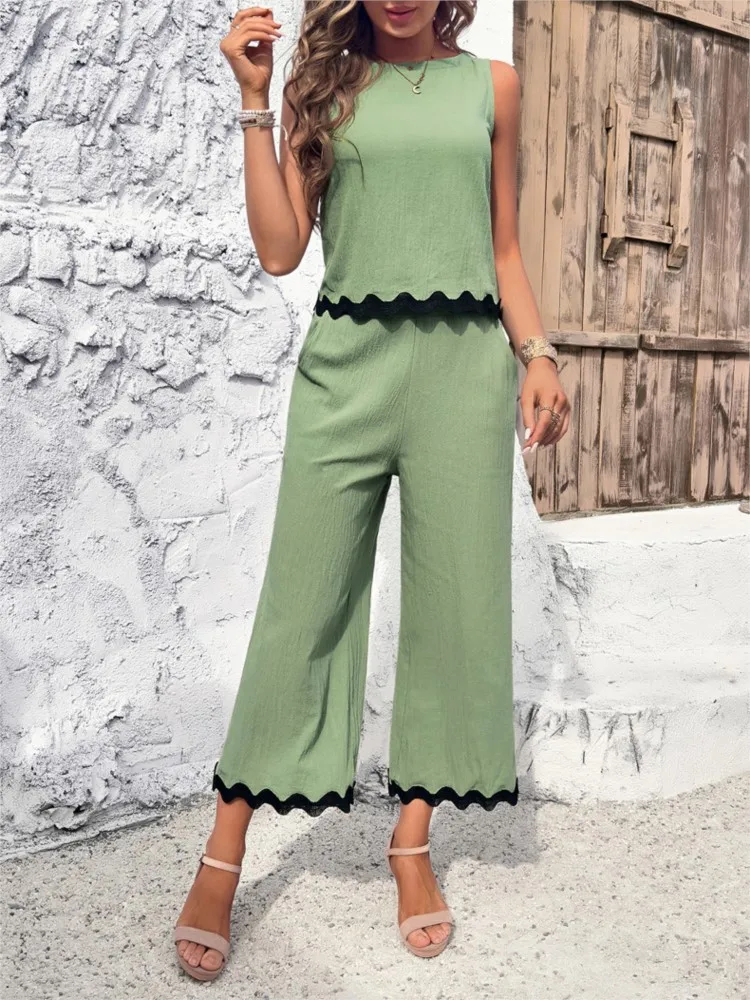 Summer Green Shirt Top Pants 2 Piece Set Fashion Casual Suit New 2024 Female Elegant Office Sweet Sets Women\'s Clothing Solid