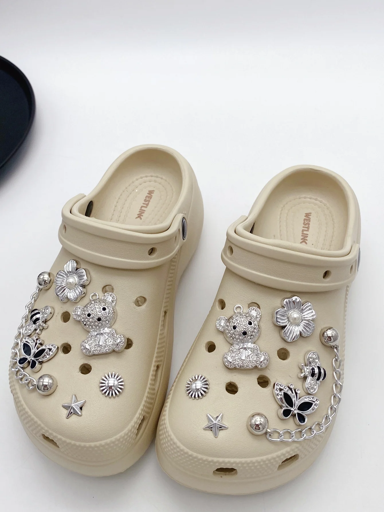14 silver bear flower butterfly bee star chain ABS resin shoe buckles, DIY decorations, suitable for women's sandals, slippers,