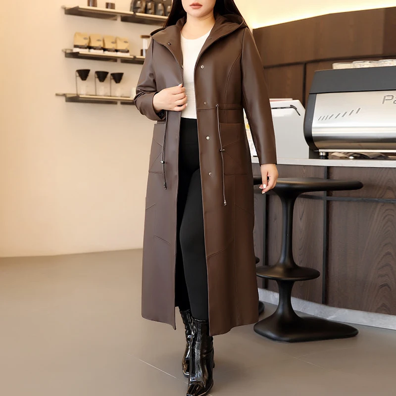 Plus 5XL Women's Long Real Sheepskin Trench Outwear Fashion Hooded Ladies Casual Drawstring Slim Genuine Leather Trench Coats