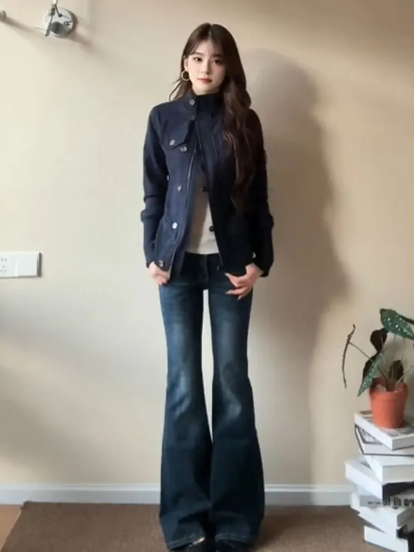 

Корейский стиль: укороченный приталенный жакет с воротником-стойкой, уникальный крой, модная весенняя верхняя одежда для женщин, на молнии