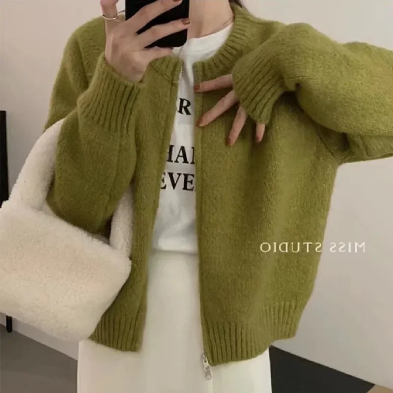 Women Korean Full Sleeve Solid Round Neck Loose Knitted Coats Zipper Regular Splice Sweaters Cardigan Autumn Winter 2023