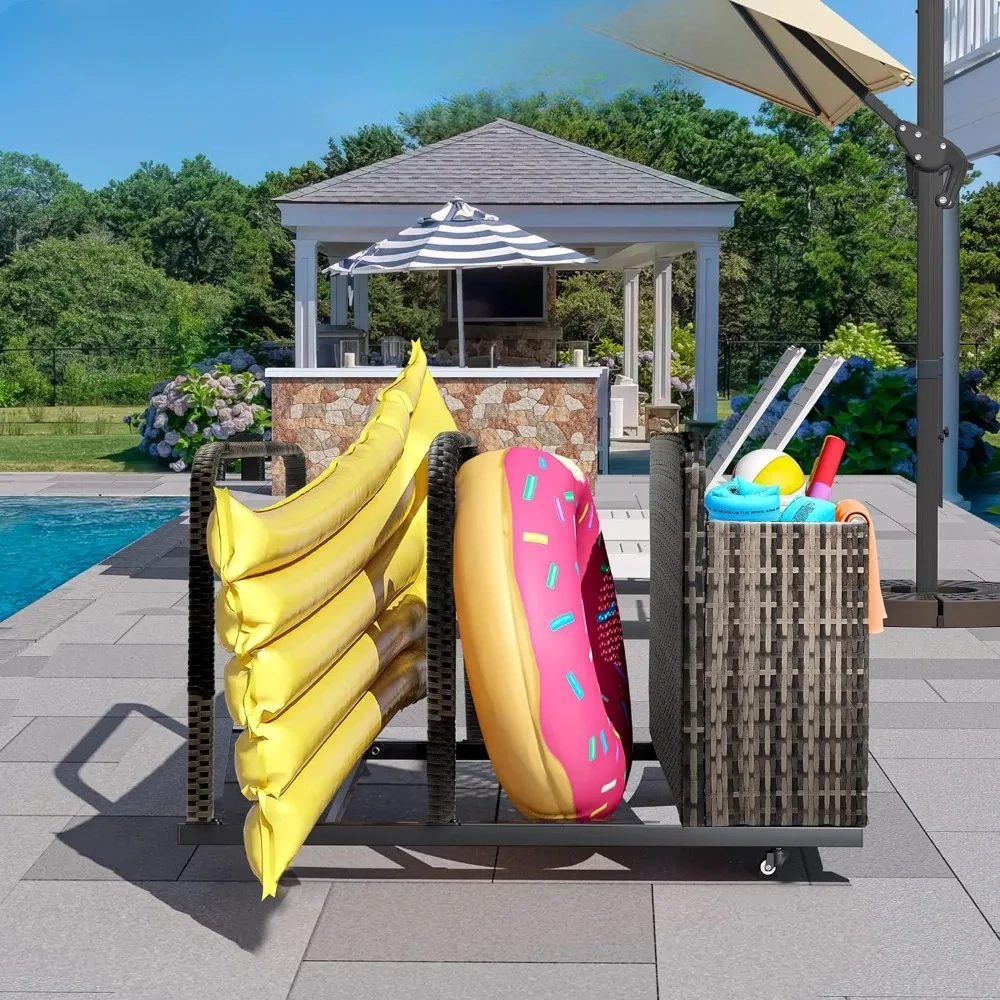 

Outdoor Wicker Patio Poolside Float Storage, PE Rattan Rolling Pool Float for cushions, Life Vests, Beach Balls, Toys