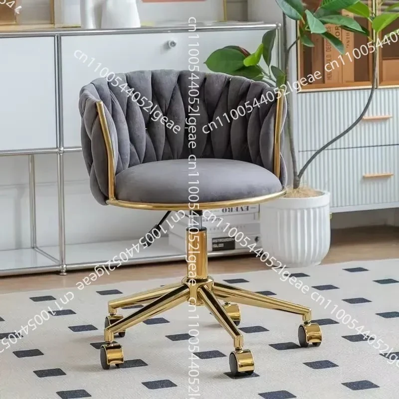 5-Color Velvet Cushion Bedroom Dressing Stool Gold Base Five Wheels Nail Salon Chair