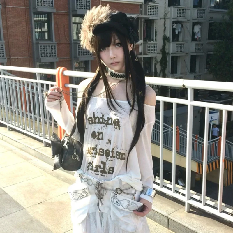 Karrram اليابانية Y2k قبالة الكتف القمم Trashy 2000s نمط إلكتروني تي شيرت مطبوع محبوك خمر Harajuku شير الأعلى الأمريكية الرجعية