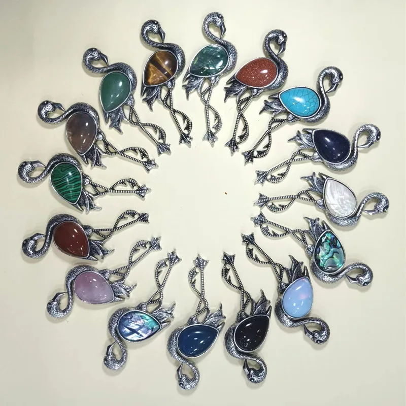 Cartoon flamingo inlaid with semi-precious natural stones, abalone shell, and white shell