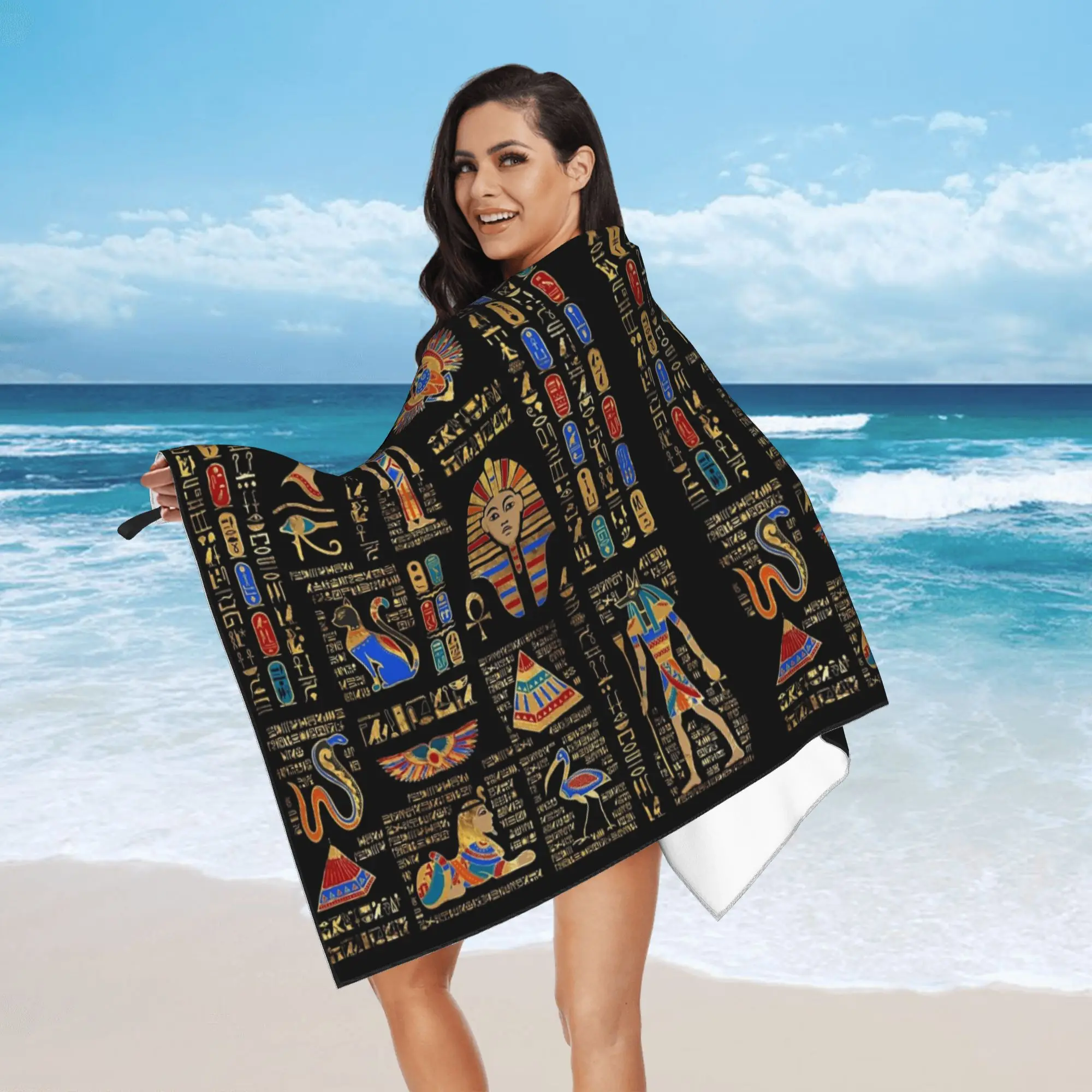 Egyptian hieroglyphs and deities on black Beach Towel Soft Microfiber Quick Dry Absorbent Quick Towels For Mountain Climbing
