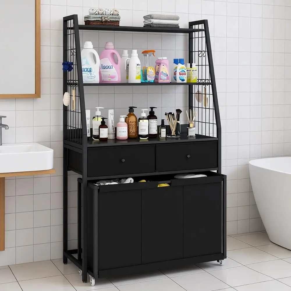 

Корзина для белья с 3 выдвижными мешками на колесиках и 2-уровневой полкой для хранения, органайзер для сортировки и хранения белья