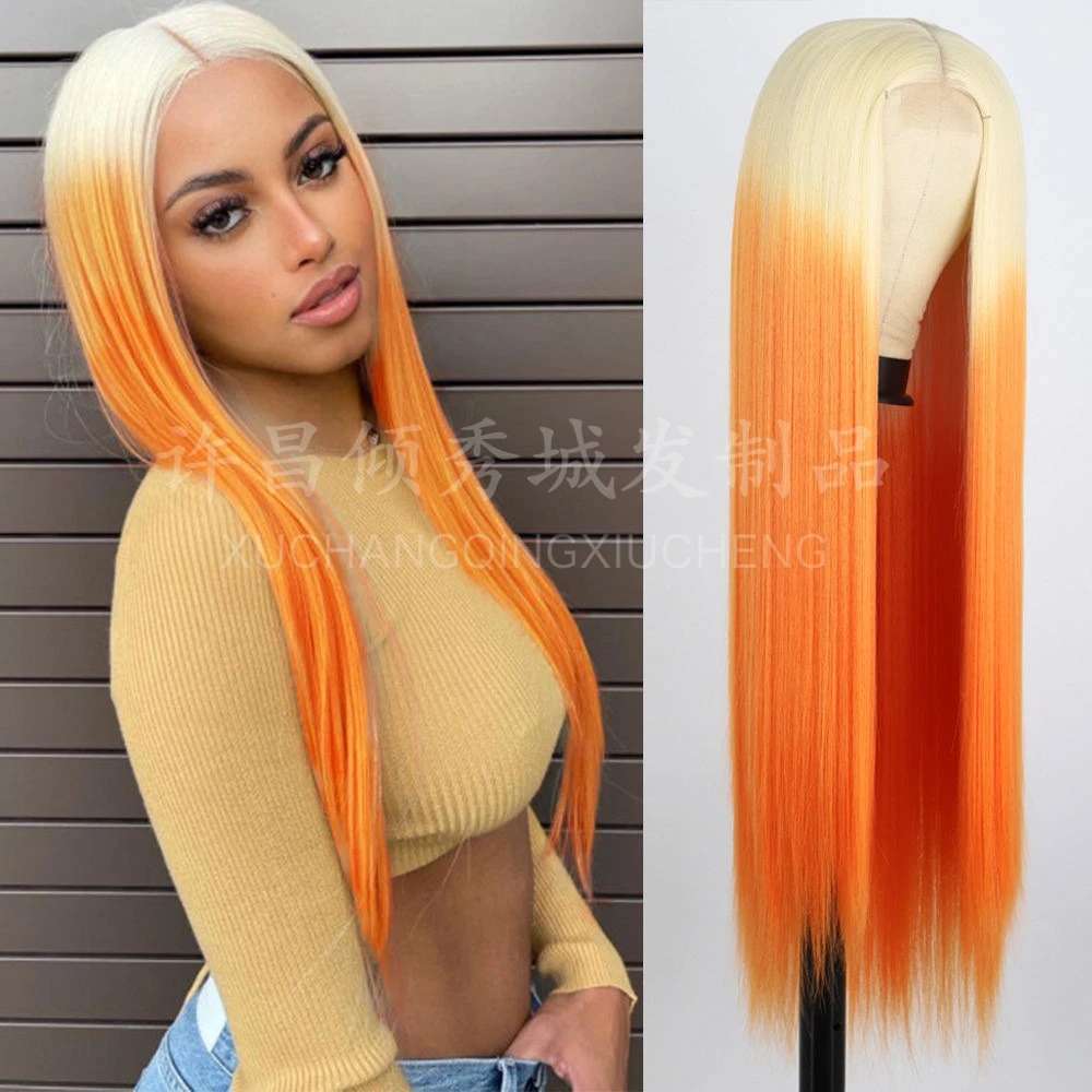 باروكة متوسطة، شعر مستقيم طويل متدرج باللون الأسود والذهبي، غطاء شعر مستعار صناعي صغير من الدانتيل، مناسب للنساء اليومي #4