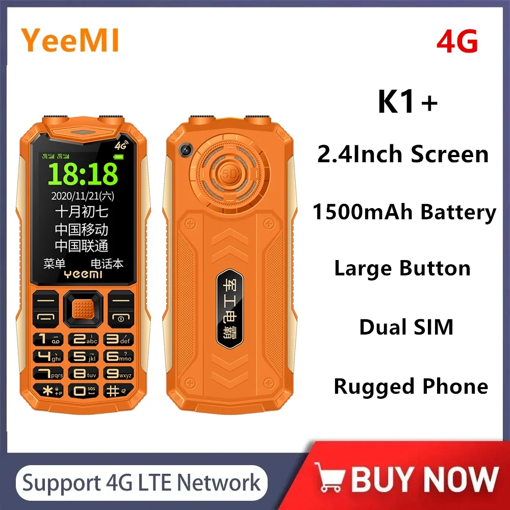 

YeeMI K1+ Waterproof Rugged 4G Feature Phone 2.4Inch SOS Button Big Loudspeaker LED Light 1500mAh Battery Mobile Phone Full Band