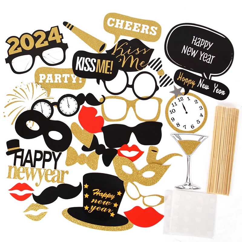 

Happy New Year Photo Booth Props DIY Mustache Glasses Mask Photobooth Christmas 2024 New Year Eve Party Decorations