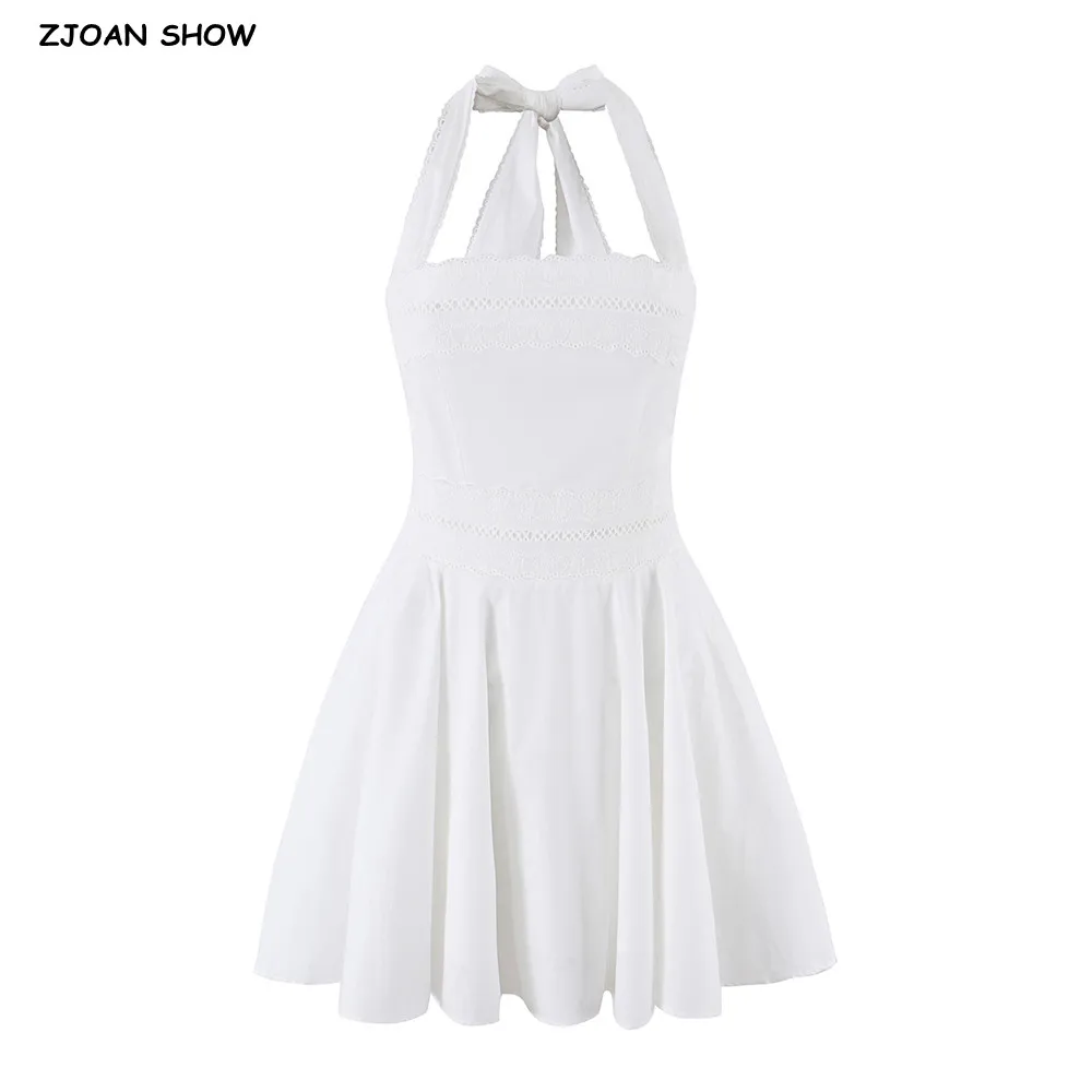 Sexy White Spliced Lace Strap Tie Bow Halter Dress Women Low Waist Lacing Up Bandage Back A-lined Swing Short Dresses Sun Robe