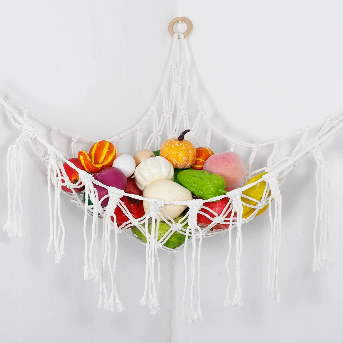 Boho Plush Toy Hammock Elastic Net Holder Triangular Shape Hanging Storage Tassels Wall Net Mesh Bedroom Living Room Decoration