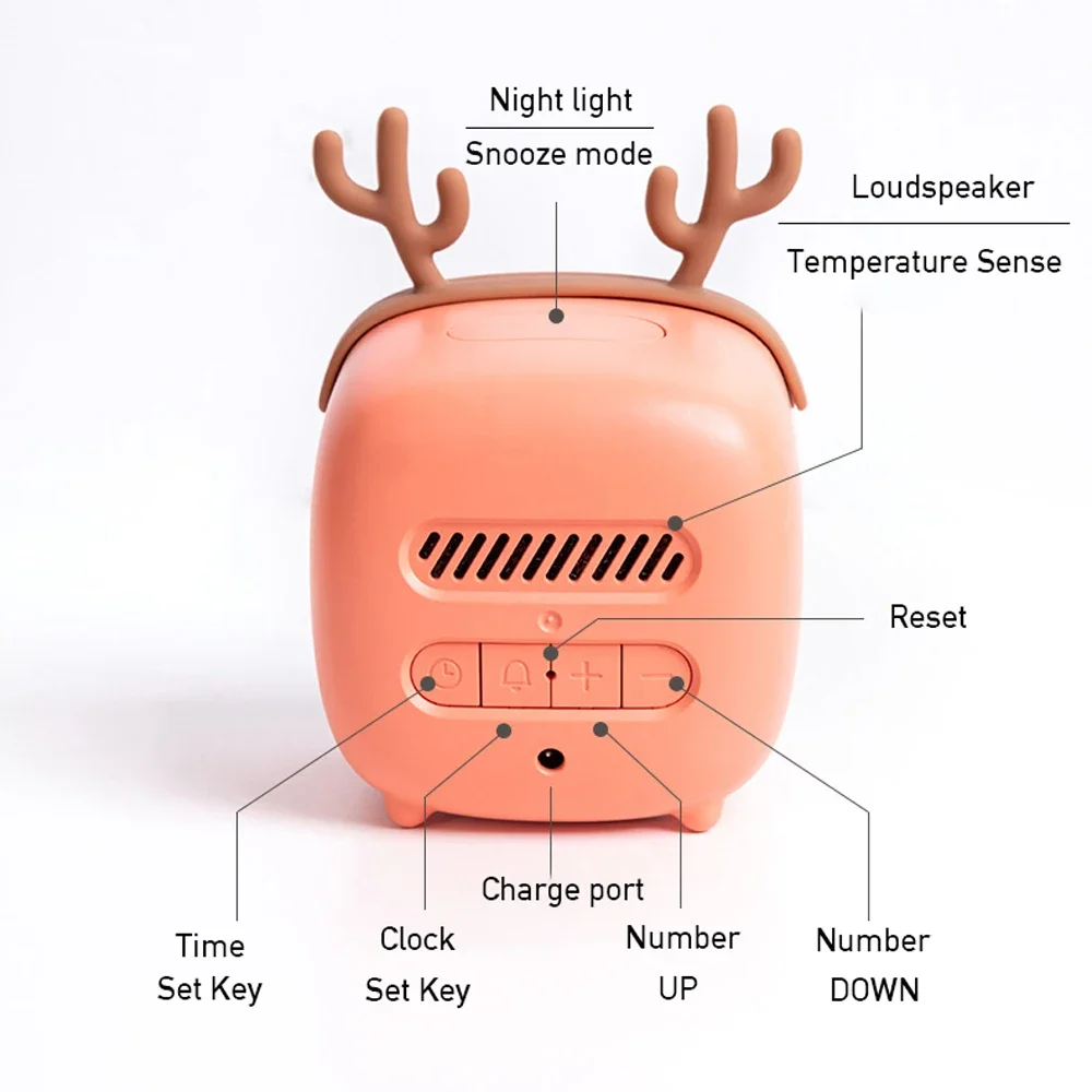 Novelty LED Night Light USB Rechargeable Electronic Alarm Clock for Children Student Gift Bedroom Bedside Cartoon Deer Bear Lamp