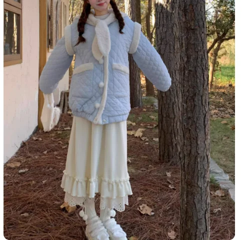 Autumn Winter High Waist Beige Lace Sweet Girl Loose Japanese Skirt Fashion Versatile Age Reduction Beige Ruffles Fashion Skirts