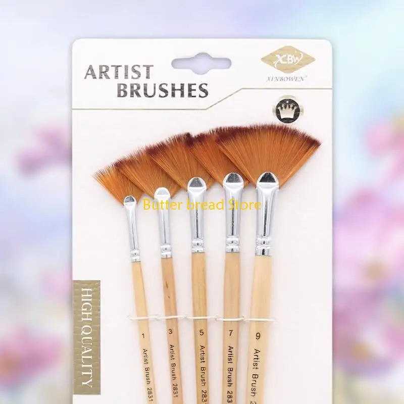 W89C 5Pack Fan Brush Set Artist Soft Anti-Shedding Nylon Hair Paint Brushes for Acrylic Painting Oil Watercolor Rock Painting