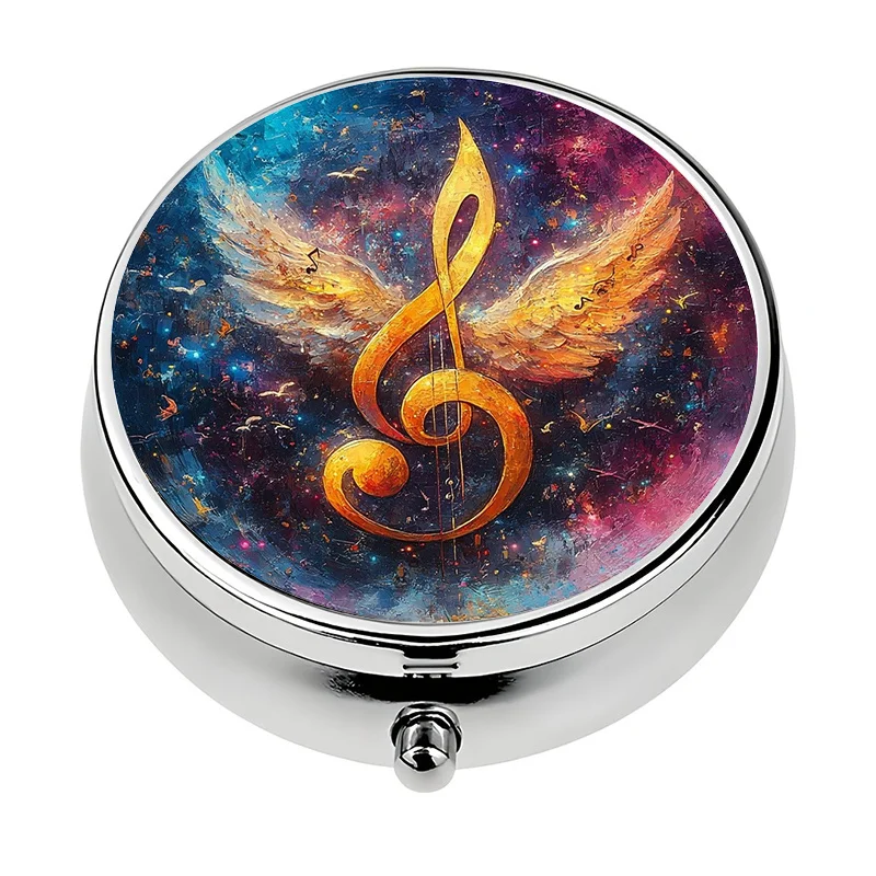 Single-layer wallet-style pill box, three-compartment design, with music symbol pattern, very suitable for organization. This compact metal pill box is perfect for carrying in a purse or pocket.
