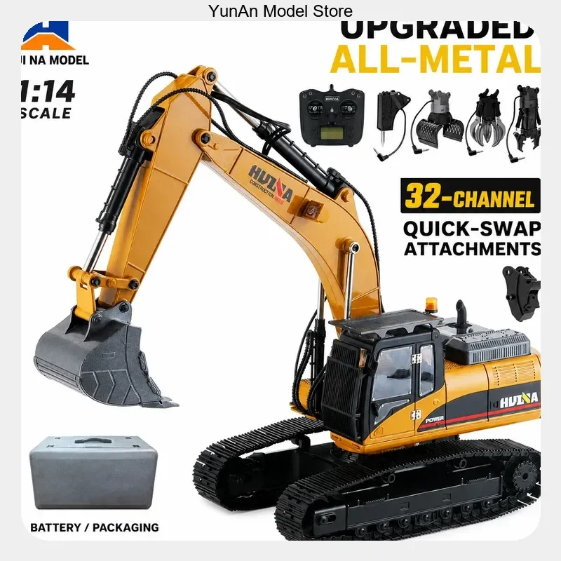 RC Construction Vehicle Remote Control Digger All‑Metal 32‑Channel 1/14 Scale Huina 1580 RC Excavator Replaceable Attachments