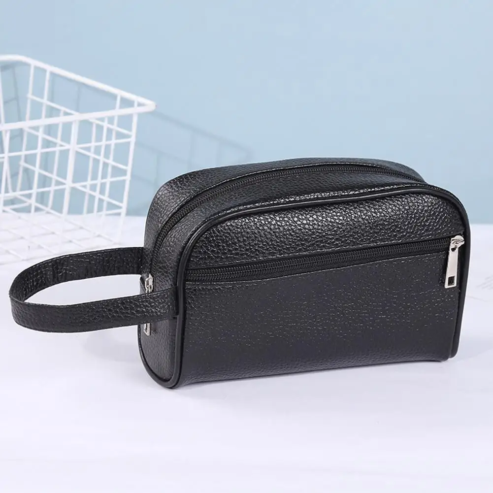 

Fashion PU Leather Wristlet Bag Solid Color Phone Wristlet Bag Casual Toiletry Bag Small Purse for Men Women