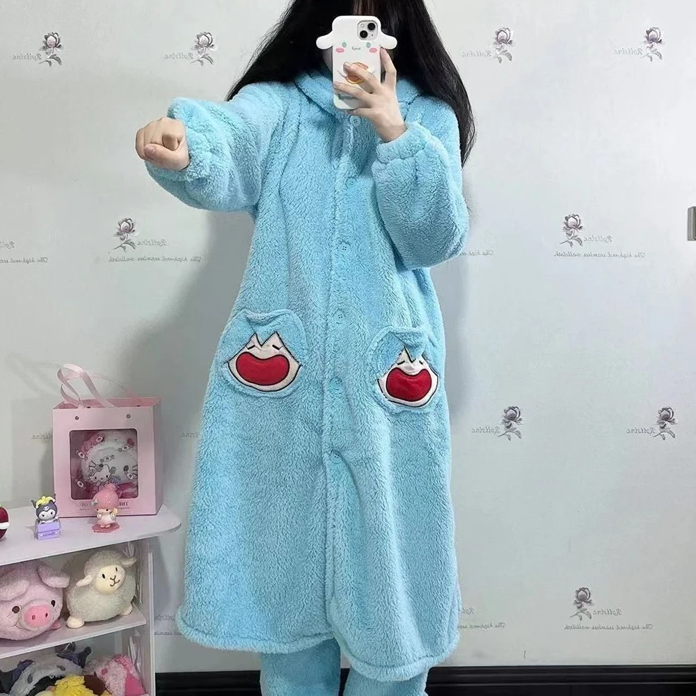Hatsune Miku Onesie Pajama Women Anime Cosplay Hooded One Piece Sleepwear Long Rabbit Ear Hood Plush Flannel Home Night Suit