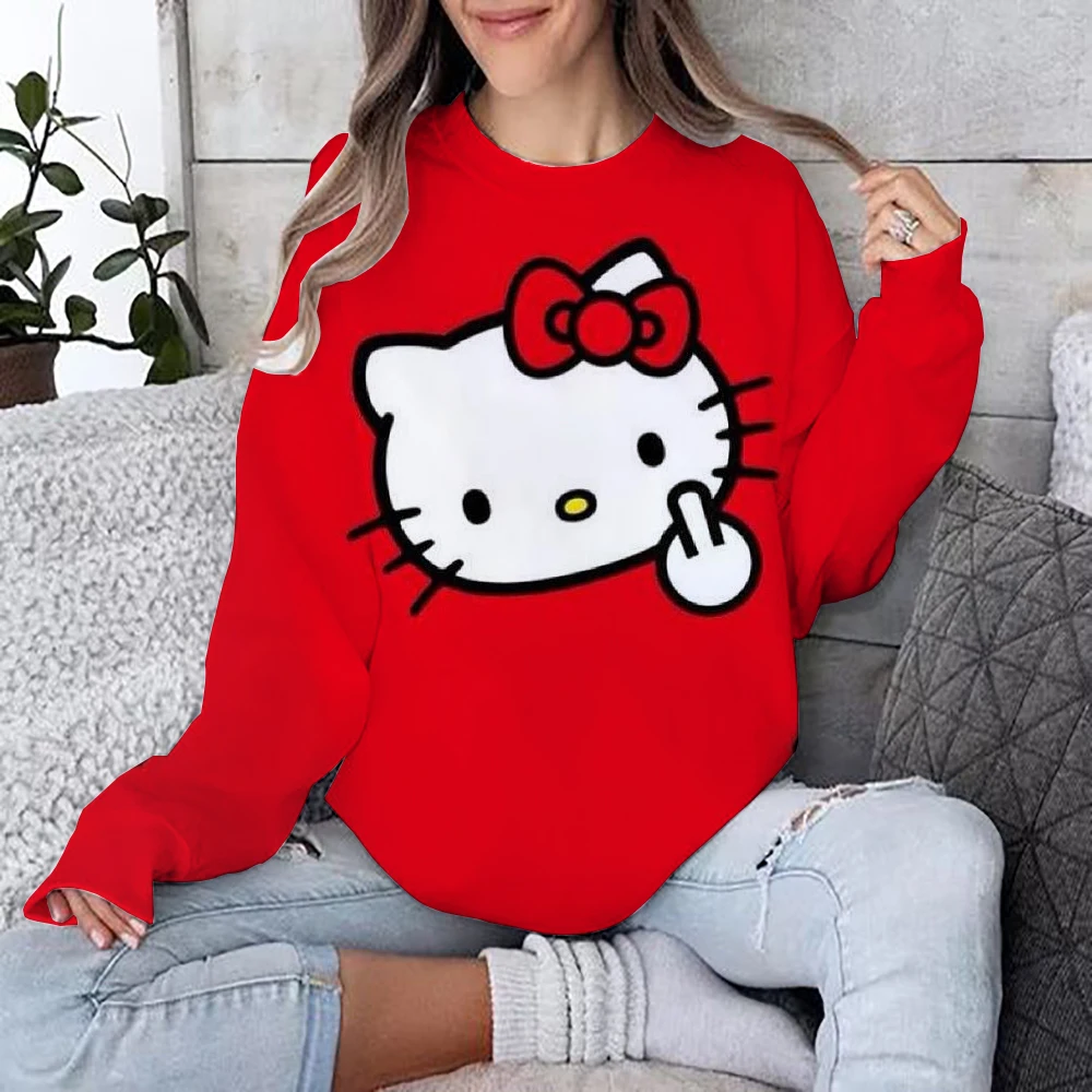 Pullover girocollo con stampa vintage HELLO KITTY Felpa con cappuccio Harajuku Felpa autunnale da donna Felpe kawaii HELLO KITTY