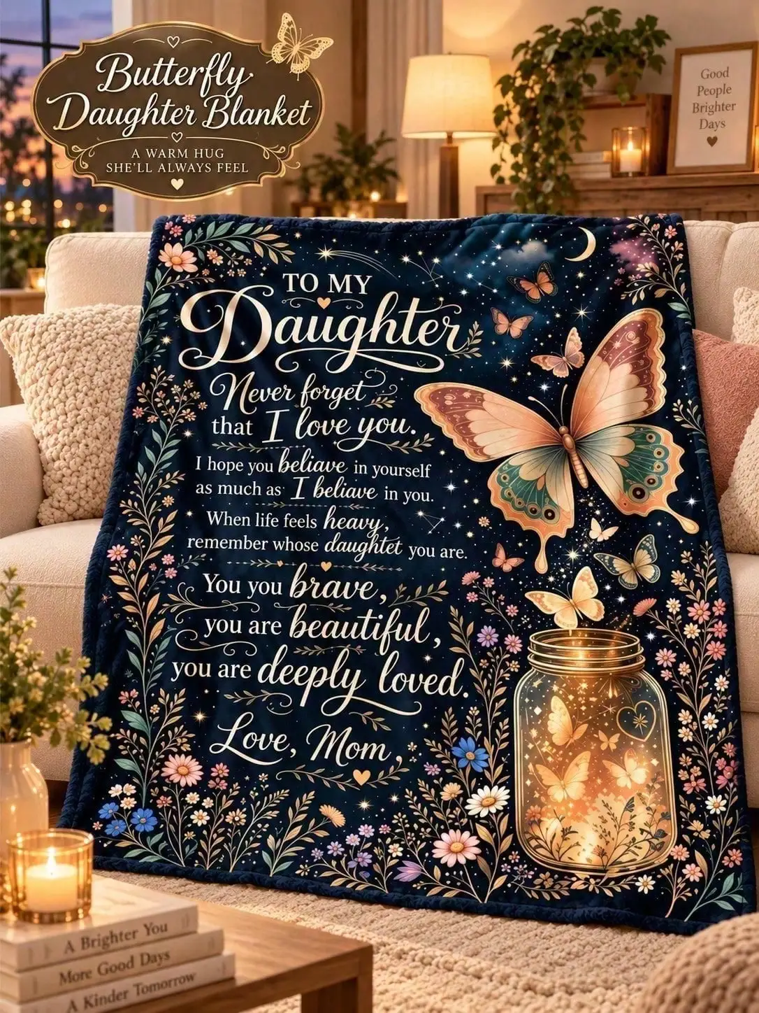 Daughter Butterfly Jar Floral Sentiment Flannel Blankets Sofa Throw Bed Home Decor Bedroom Living Room Halloween Thanksgiving Christmas Anniversary Birthday Housewarming Guestroom Lounge Apartment Dorm Nap Seasonal Accent Gift for Family Friends