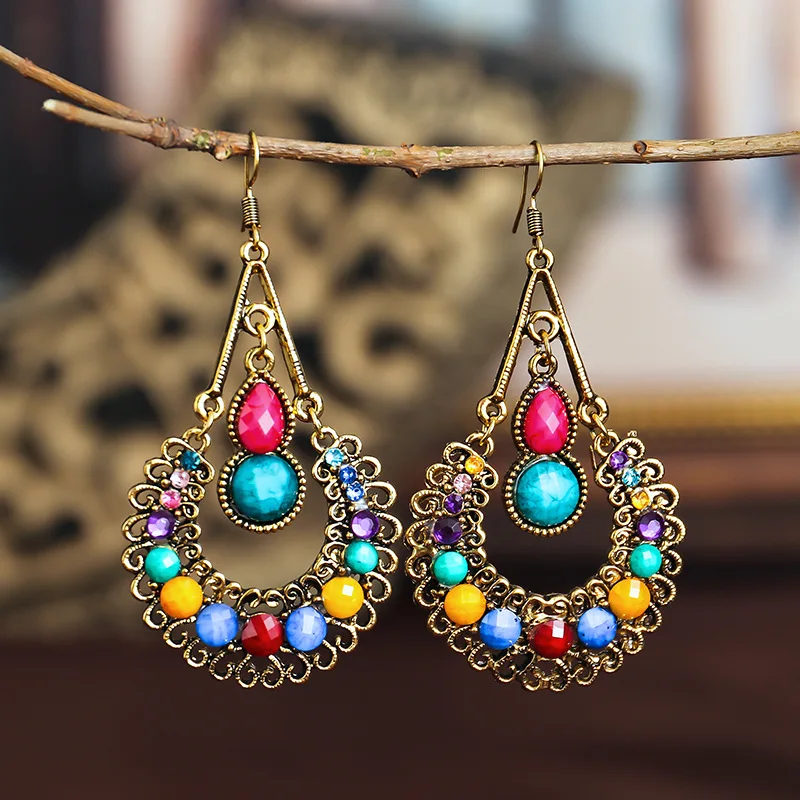 Colorful Bohemian Water Drop Earrings for Women Ethnic Retro Acrylic Rhinestone Peacock Flower Geometric Earring Holiday Jewelry