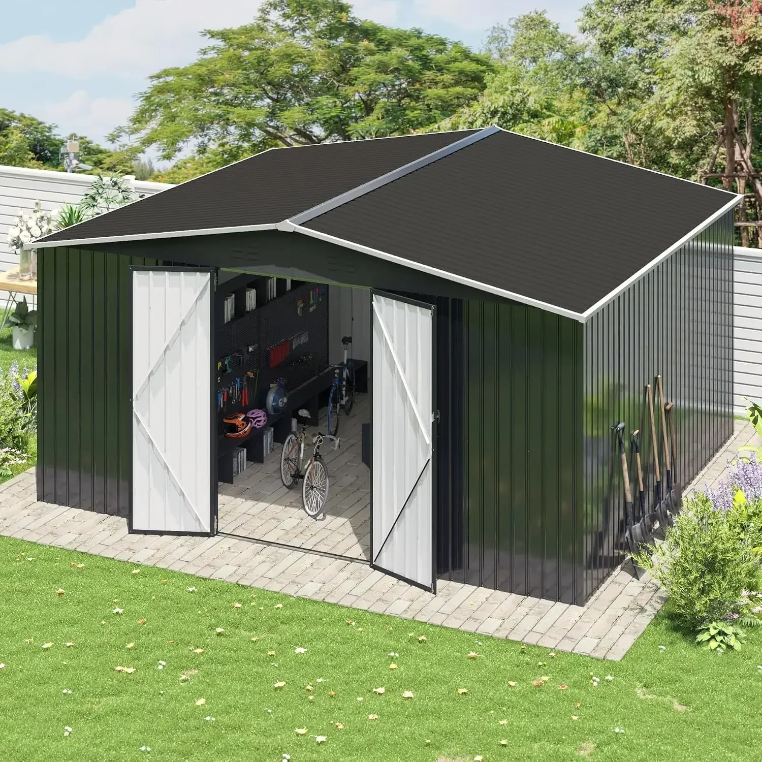 Outdoor Storage Shed Black | Garden Shed with Updated Frame Structure and Lockable Doors, Metal Tool Sheds for, Custom