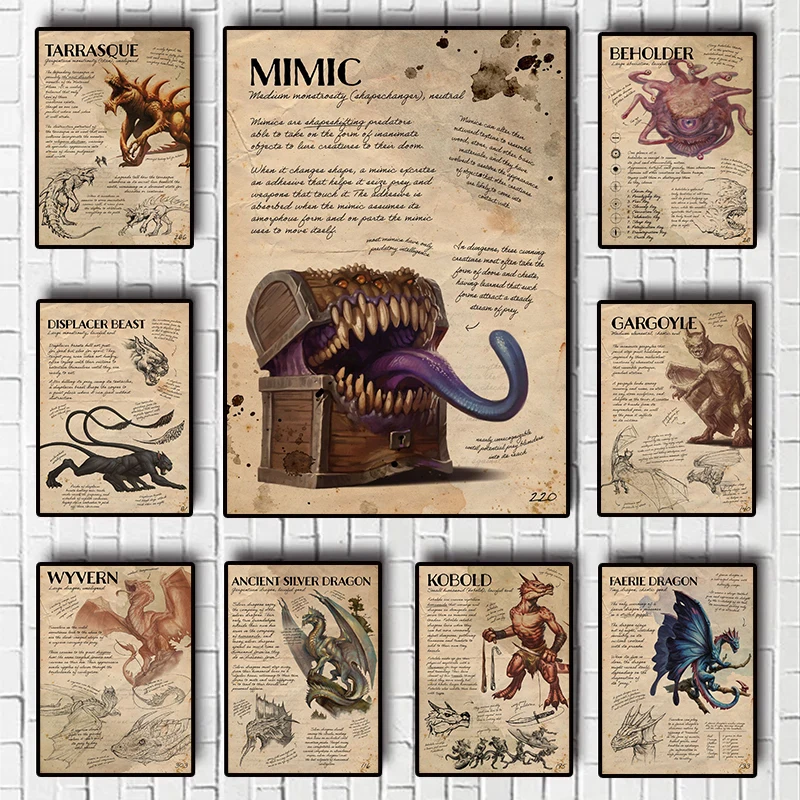 D&D Monster Manual Poster Mimic Note Gelatinous Cube Note Beholder Faerie Dragon Note Canvas printing Wall decoration painting