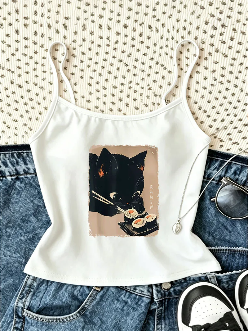 Japanese Style Ramen Cat Print  Camisole Top Casual Crop Top Vest Streetwear Spring Summer Harajuku Women'S Tank Top