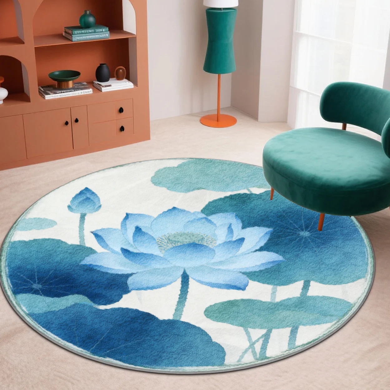 Soft Velvet Plush Rug with Pointed Plastic Bottom, 2D Printed Round Mat, New Chinese Style And Blue Lotus And Water Lily Pattern, Fashion Home Decor Carpet, Living Room Large Carpet Sofa Mat Bedroom Bedside Mat Entrance Rug Coffee Table Mat