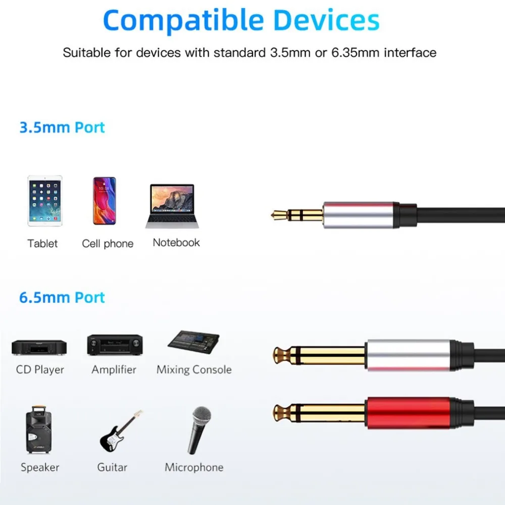 1.8M/6FT 3.5mm 1/8 "TRS ke Dual 6.35mm 1/4" TS Mono Y kabel pemisah Stereo AUX kabel adaptor Audio untuk PC gitar Mixer Amplifier