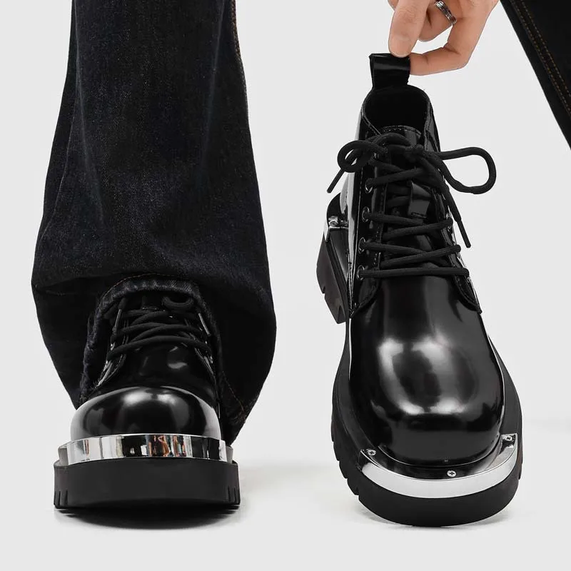 British style men casual hip hop rock platform boots black trendy patent leather shoes cowboy ankle boot spring autumn botas man