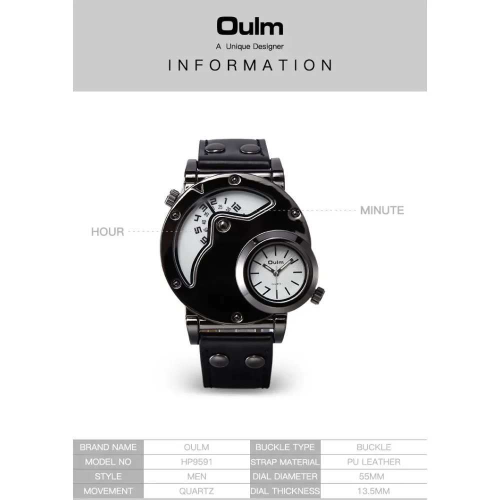 Oulm Brand Fashion Mens Watch Dual Time Zone Quartz Movement Men\'s Watch Unique Design Male Quart Wristwatch Reloj Hombre