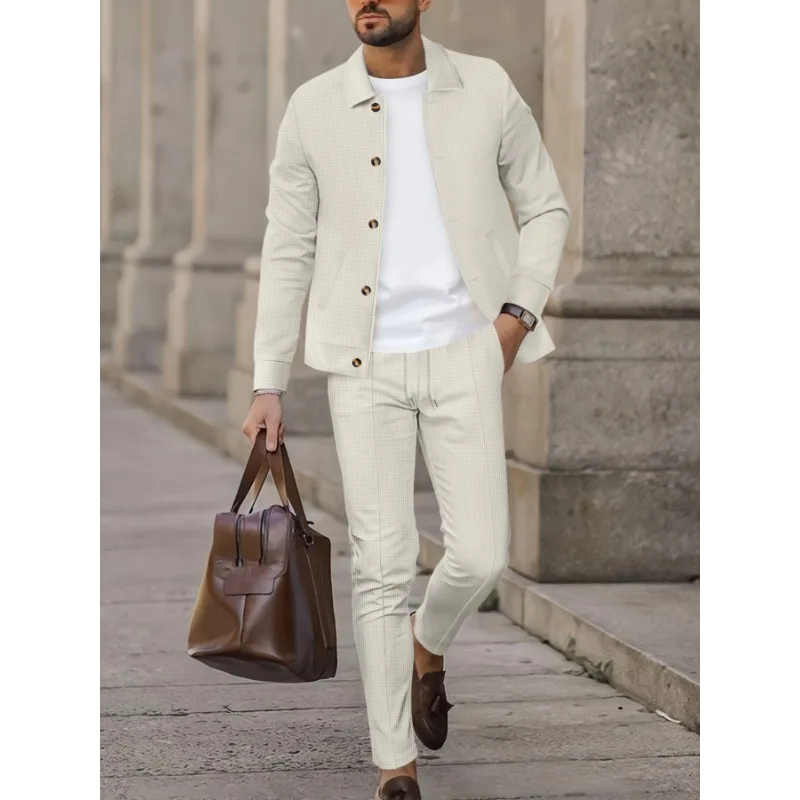 New Solid Color Lapel Single Breasted Top Jacket Waffle Men's Button Casual Sports Suit