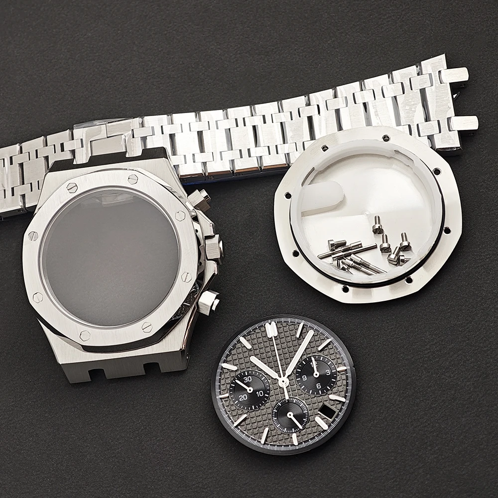 42mm VK63 Gehäuse Achteckiges Uhrengehäuse Silbernes Edelstahlgehäuse Geeignet für VK63 Quarzwerk 32mm Zifferblatt Uhrengehäuseteile