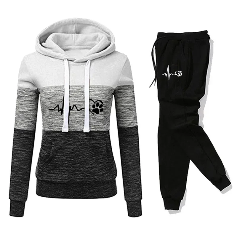 Womens Tracksuit Print Color Block Hooded Sweatshirt Black Sweatpants Fashion Versatile Pullover Street Fashion Casual Outfits