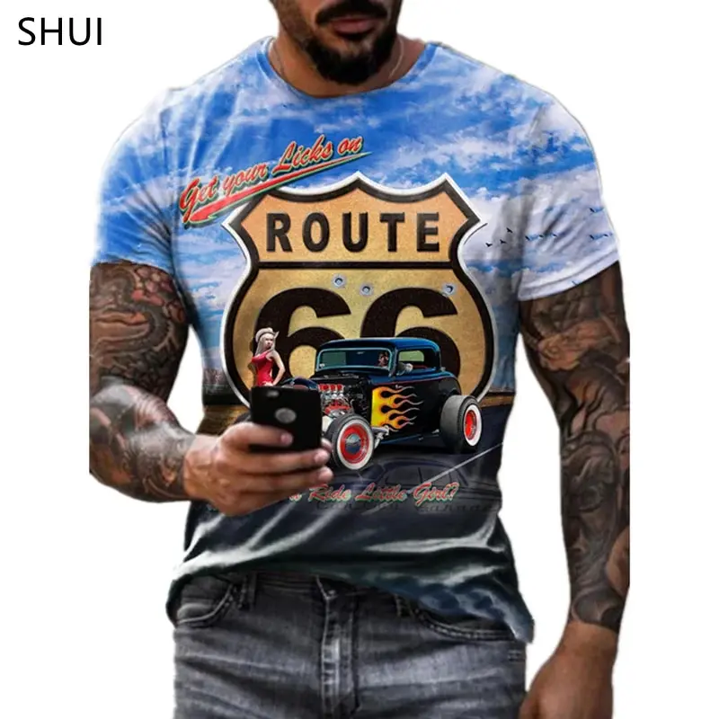 Men\'s Summer  T-shirt Plus Size Loose Vintage  Fitting Vintage Short Sleeve Fashion US Route 66 Letter Print 3D O-Neck T-shirt