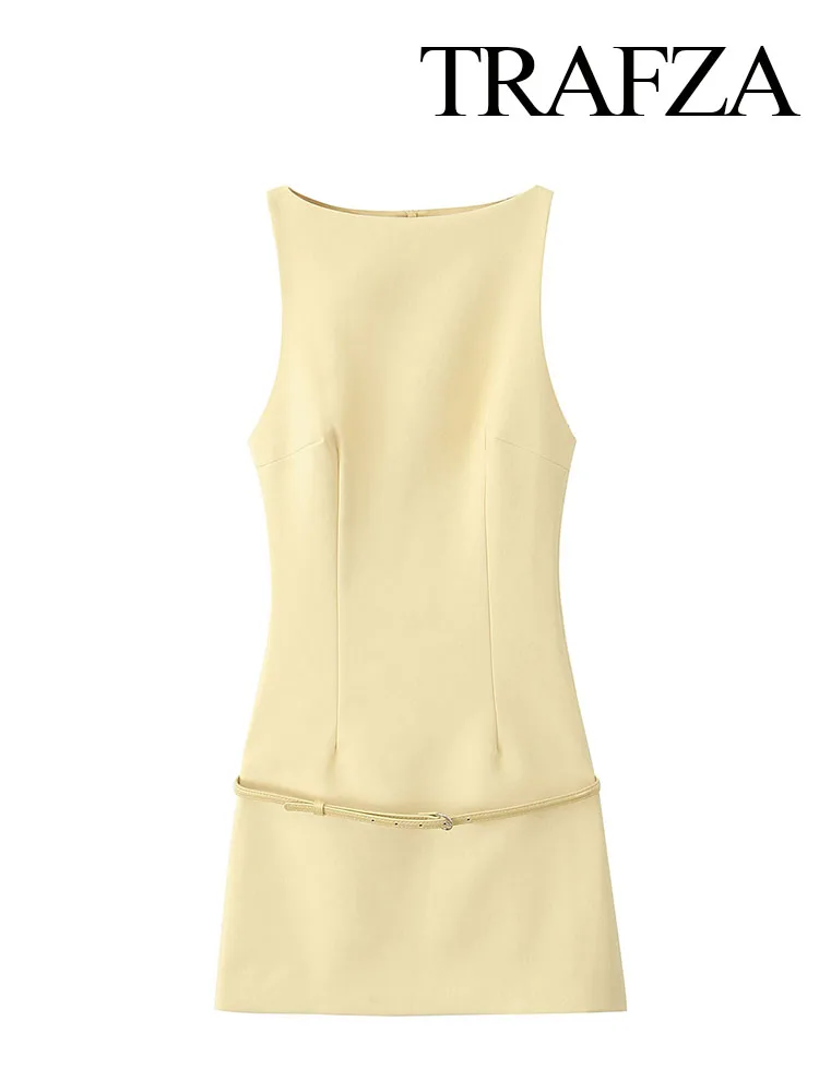 TRAFZA Women Fashion Belt Decorate Yellow Dress Summer Woman Sexy Sleeveless Slim Straight Mini Dress Beach Party Dress Mujer