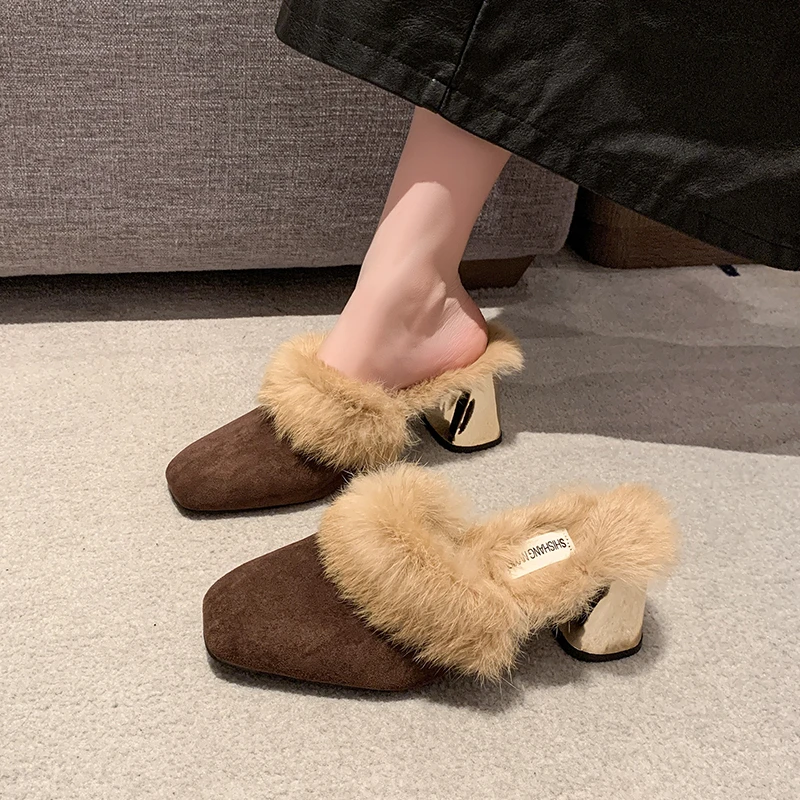

Women's Fur Slippers Fashionable Square Head Design High Heeled Slippers Baotou Half Slipper Winter Warm Fur Slippers for Women