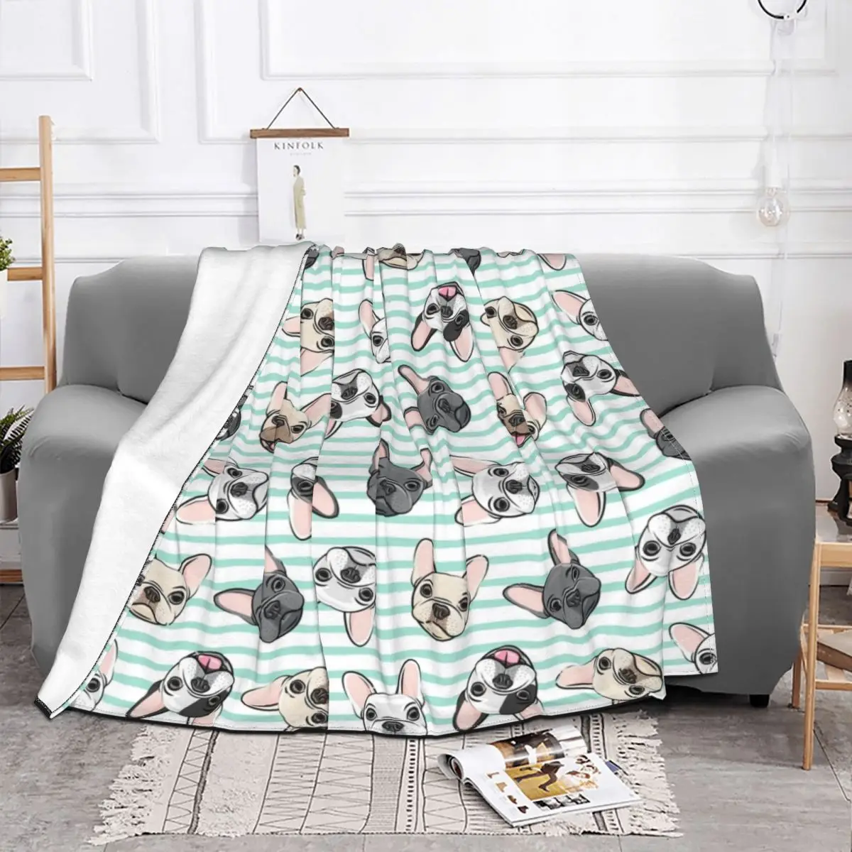 All The Frenchies Aqua Stripes Cute French Bulldog Dog Blankets Flannel Spring/Autumn Animal Soft Throw Blanket for Bed Bedroom