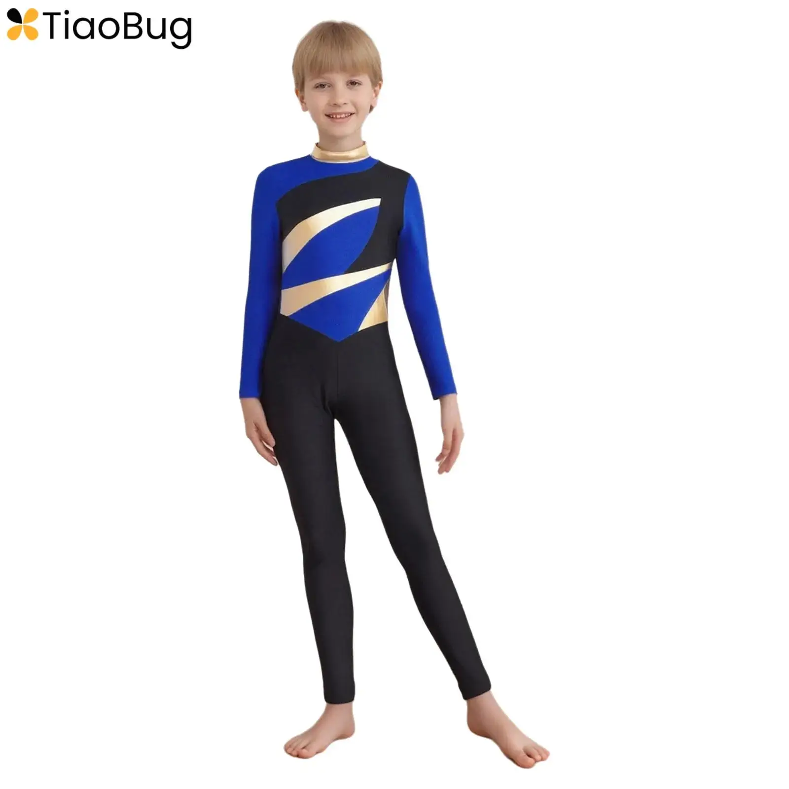 

Boys Gymnastics Jumpsuit Color Block Metallic Mock Neck Long Sleeve Bodysuit for Figure Skating Dance Performance Competition