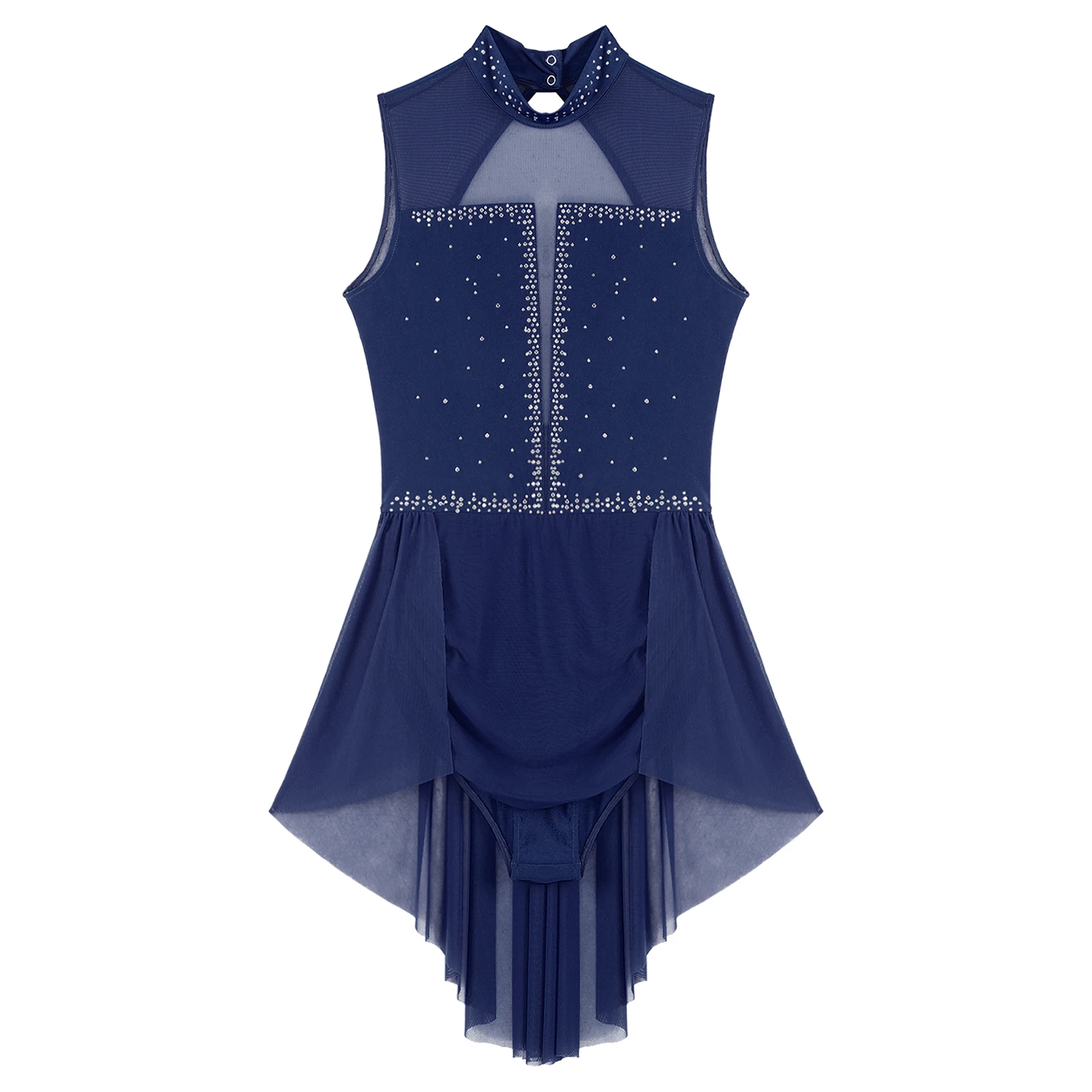 Women Figure Skating Dress Lyrical Dance Ballet Gymnastics Leotard Sleeveless Backless Sheer Mesh Rhinestones Skirted Bodysuit