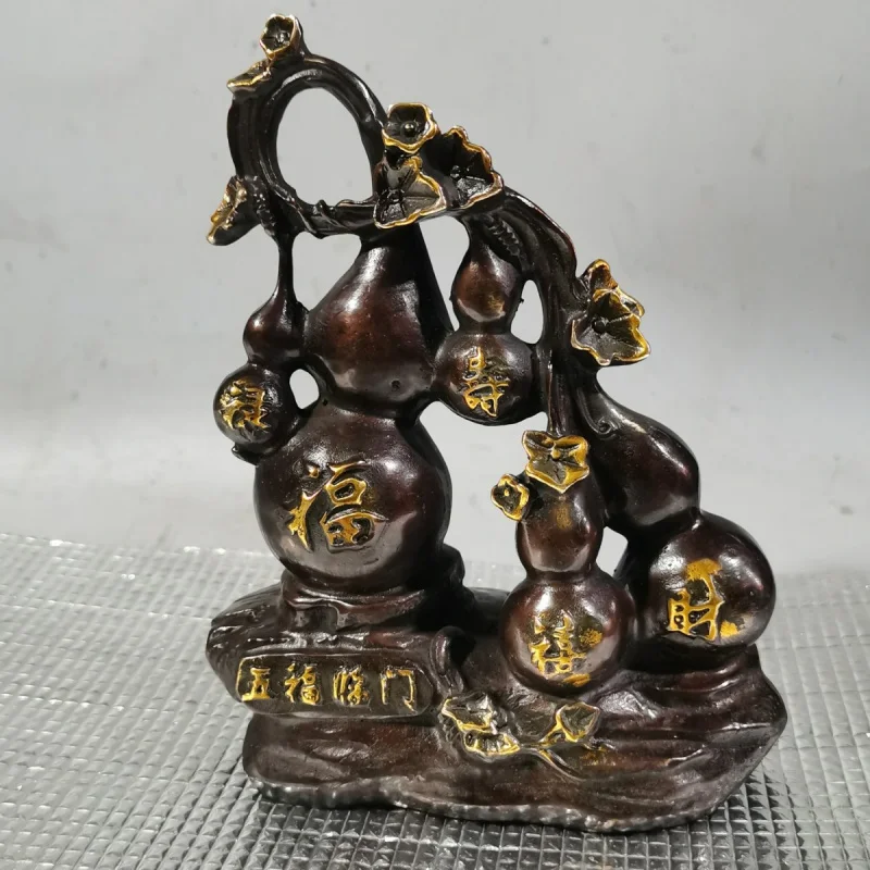 

Antique Five Blessings Copper Ornament Gilded Entrance Fulu Shou Wine Cabinet Wealth-Attracting Housewarming Gourd Antique Colle