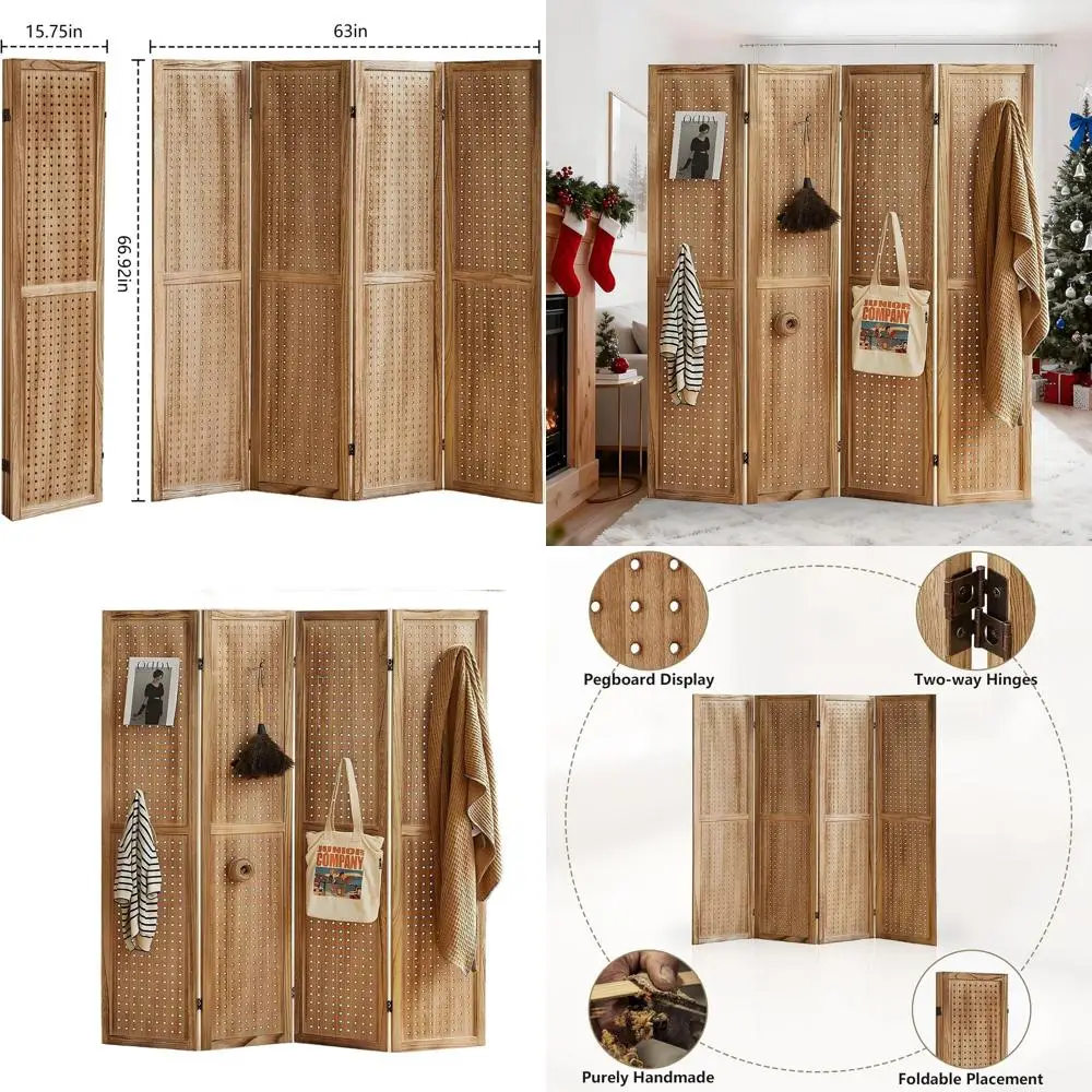 

5.6 Ft Light Brown Wooden Folding Pegboard Room Divider, Portable Privacy Screen & Display Organizer