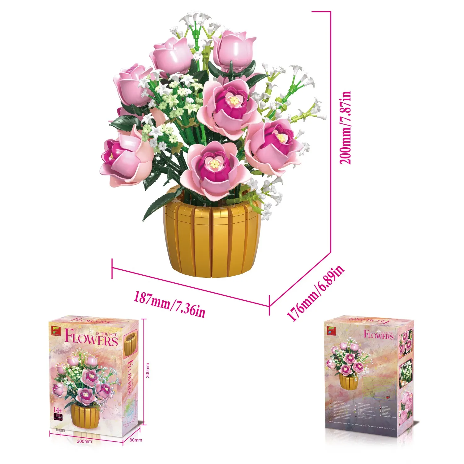 1056PCS Roze Roos Ingemaakte Bouwstenen Bloemenvaas Model Bricks Desktop Ornament Romantische Gift Educatief DIY Speelgoed Voor Kinderen